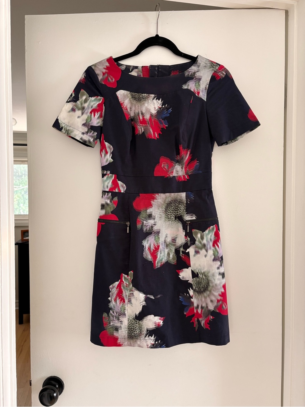 French Connection Navy Floral Mini Dress with Red and White Blooms